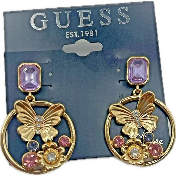 Guess Butterfly Lilac-Pink Accent Stones Gold-Tone Front Facing Hoop Earrings - Picture 2 of 5